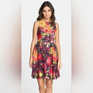 Adrianna Papell Floral Print Lace Fit Flare Dress Size 4 Girlhoodcore Party